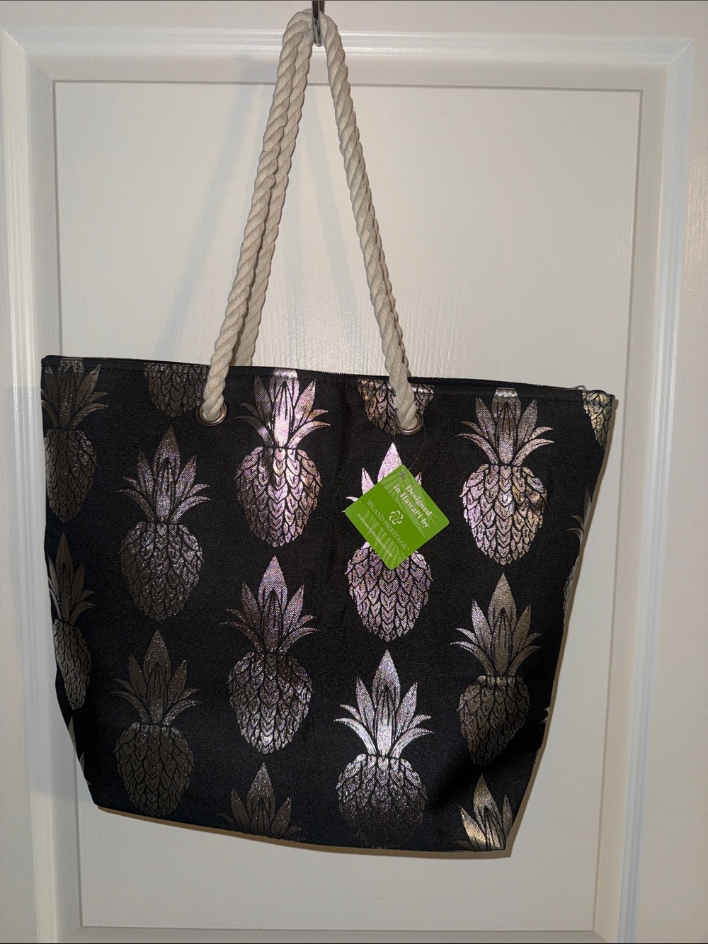 Black and Silver Foil Pineapple Beach Tote Bag with Rope Handles